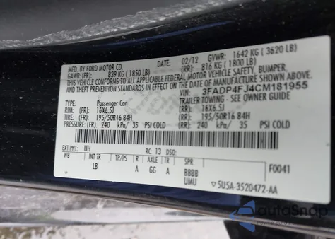 2012 Ford Fiesta Ses из США, поврежденный, VIN 3FADP4FJ4CM181955